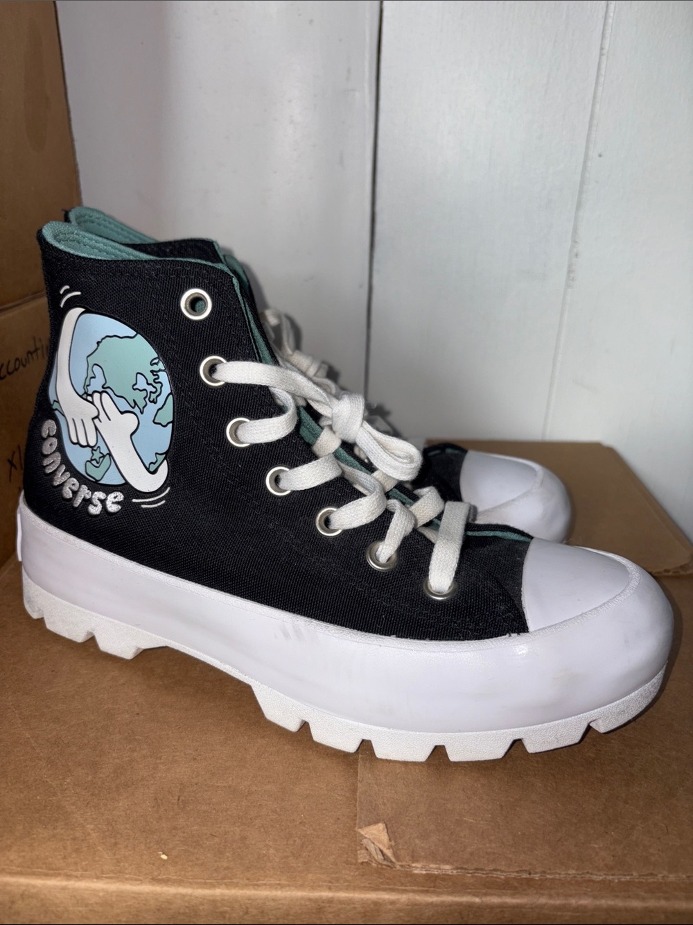 Converse Women’s Black High-Top Sneakers with Light Blue Earth Graphic size 7